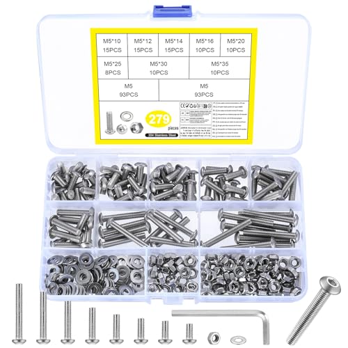 M5 Schrauben Set, 279 Stk Linsenkopfschrauben mit Muttern Set, Innensechskantschrauben Muttern Set, Gewindeschrauben und Muttern Set, Edelstahl Maschinenschrauben Sortiment Unterlegscheiben Set(M5) von SiGuLiKeJi