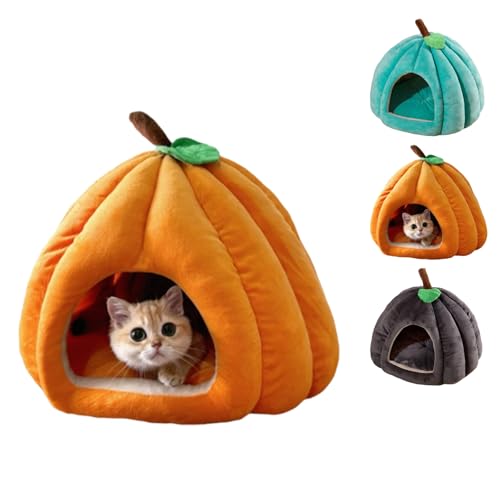 Kürbis-Katzenbett, 2025 Süßes Halloween-Katzenbett mit abnehmbarem Kissen, Welpenhaus für Katzen und kleine Hunde (orange, m) von SiQiYu
