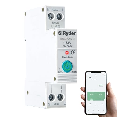 SiRyder Smart Schalter,1 DIN Smart Life Wifi Hutschiene 63A Intelligenter Einphasiger Überstrommessung Timer für Smart Home Wireless Fernbedienung Schalter,Zeitschaltuhr mit App Steuerung von SiRyder