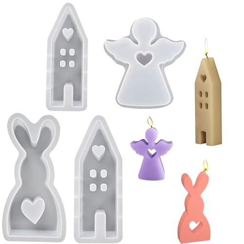 4 Stück Silikonform Ostern,Ostern Silicone Mould House,Angel Silicone Candle Moulds,Hase Kerze Candy Schokoladenharzform,für Kuchendekoration,Sojawachskerzen,Oster-DIY-Geschenke von SiSfeL