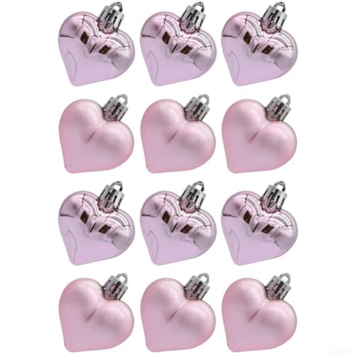 12-teiliges Weihnachtskugel-Set in Herzform mit Metallhaken zum Aufhängen am Baum, aus PVC-Material (Rosa) von SiSinkal