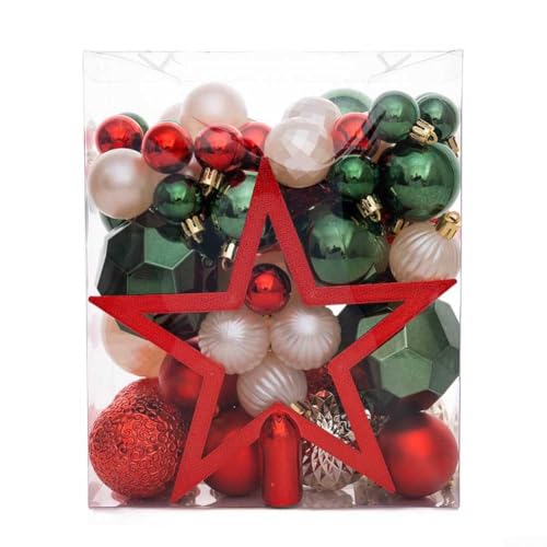 50-teiliges galvanisiertes Kunststoff-Weihnachtskugel-Set mit Aufhängeschlaufen und Baumspitze, entworfen für festliche Baum, Kranz und Heimdekoration (bunt) von SiSinkal