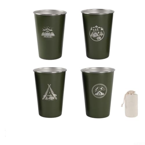 500 ml 4-teiliges Edelstahl-Campingbecher-Set mit Aufbewahrungstasche, stapelbares Design, leichte Metallbecher für den Außenbereich (500 ml grün) von SiSinkal