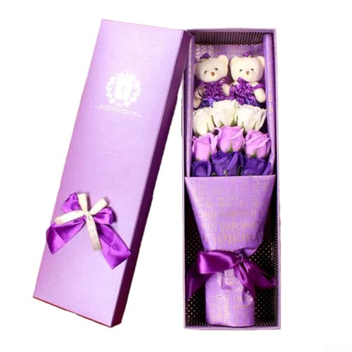 9 Rosen-Seifenblumenstrauß mit einem bezaubernden Bären, tolle Wahl, um jemandes Tag mit Liebe zu erhellen (lila) von SiSinkal