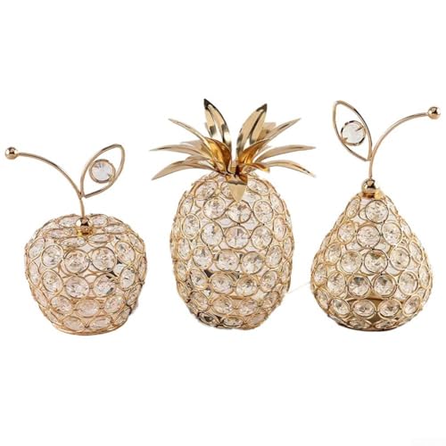 Goldfarbene Birnenfrucht-Ornament-Figur mit funkelnden Strasssteinen, 3D-Metall-Skulptur für Zuhause, Wohnzimmer oder Hochzeitsempfang, Tischdekoration (3 Stück) von SiSinkal