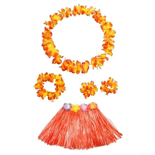 Kinder Hawaii-Gras-Lei-Rock und Blumengirlande mit elastischem Hals und Armbändern für Sommerpartys, Festivals und Karneval (Orange) von SiSinkal