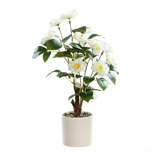Künstliche Kamelienpflanze im Topf, 42 cm hoch, mit Kunststoffsockel, entworfen, um dekorative Räume zu verschönern, ohne die Notwendigkeit für Bewässerung oder Sonnenlicht (weiß) von SiSinkal