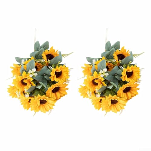 Künstlicher Sonnenblumenstrauß mit je 9 Köpfen, fächerförmiges Seidenblumenarrangement für Haus, Garten, Veranda, Fenster oder Hochzeitsfeier, Dekoration, 46 cm lang (gelb) von SiSinkal
