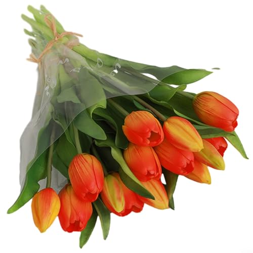 Künstlicher Tulpenstrauß mit 7 sich echt anfühlenden PU-Tulpen, lebensechtes gefälschtes Blumenarrangement für Hochzeit, Zuhause, Büro und Urlaub, Tischdekoration für Brautparty, Partys und von SiSinkal
