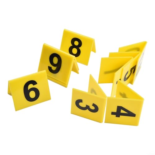 Set mit 10 Acryl-Tischnummernschildern mit klaren schwarzen Ziffern auf weißem Hintergrund, entworfen für Restaurants und volle Esszimmer-Nutzung (gelb) von SiSinkal