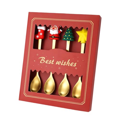 SiaBiced 4X Weihnachtslöffel-Set, Dessertlöffel aus Edelstahl, Weihnachtsbesteck-Sets, Besteck-Besteck-Set, als Geschenk, Rote Box von SiaBiced