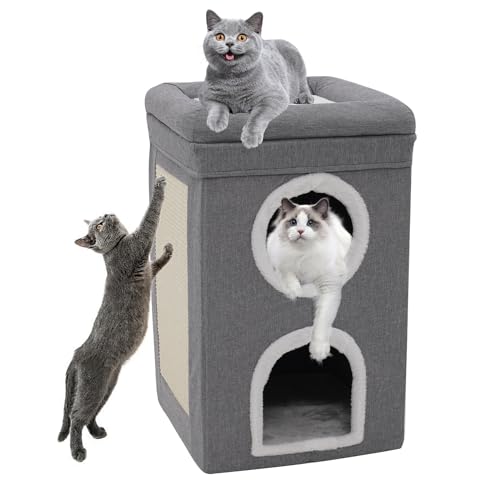 Katzenhaus für den Innenbereich, 3-stöckige Katzenwürfel, überdachte Höhlenbetten mit Kratzunterlage und Guckloch, Katzenbett und Möbel für mehrere Haustiere und große Katzen, 38,9 x 38,9 x 66 cm von Siairo