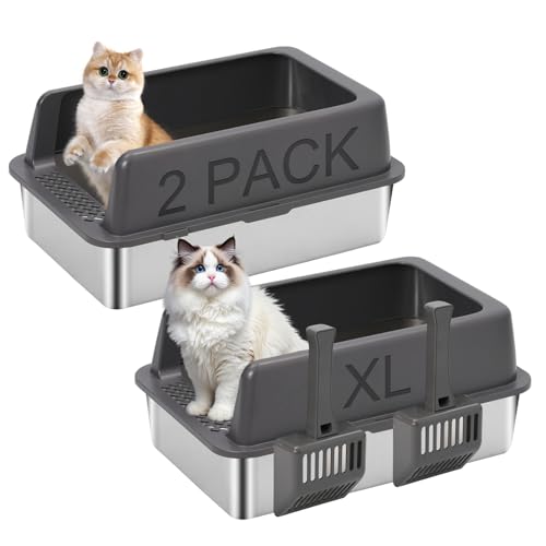 Offene Katzentoilette aus Edelstahl, große Katzentoilette für große Katzen, 61 x 40,6 x 24,9 cm (L x B x H), Metall-Katzentoilette, hohe Seite, einfache Reinigung, inklusive Schaufel, Dunkelgrau, 2 von Siairo