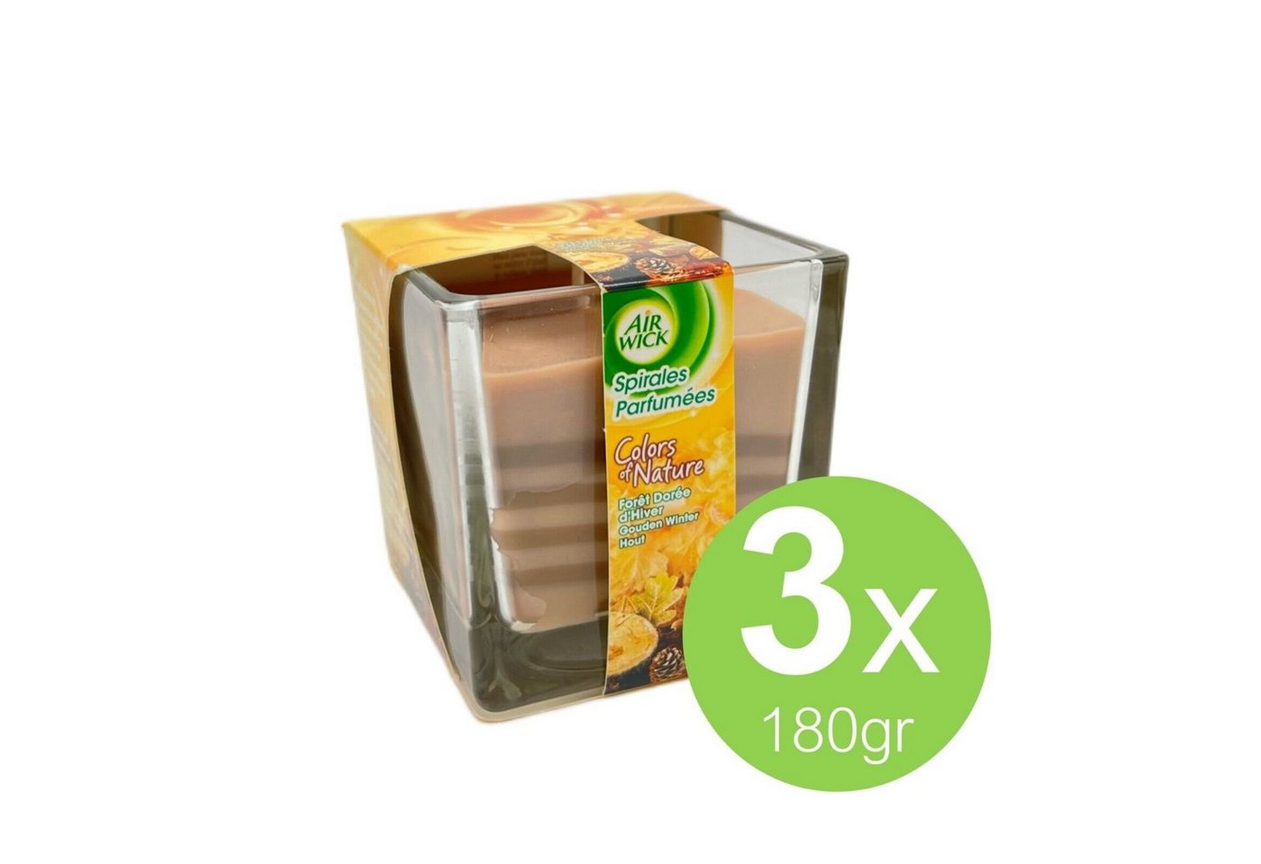 Air Wick Raumduft Kerze Duftkerze Set 180gr Goldenes Winterholz 30std Brenndauer (Tiefenentspannung Geschenkset Kerzen aus ätherische Öle winterlichen Holz, 3-St., Raumduft Duft für die Wohnung Wachskerze), Aroma Kerze im Glas langanhaltender und Intensiver Duft von Air Wick