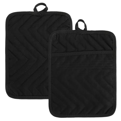 Sibba 2 Stück Topflappen Baumwolle mit Tasche Topfhandschuhe Hitzebeständige Anti-Rutsch Ofenhandschuhe Kochhandschuhe Schutzlappen zum Kochen Backen Grillen Küchenzubehör Größe 7 ''x 9 '' Schwarz von Sibba
