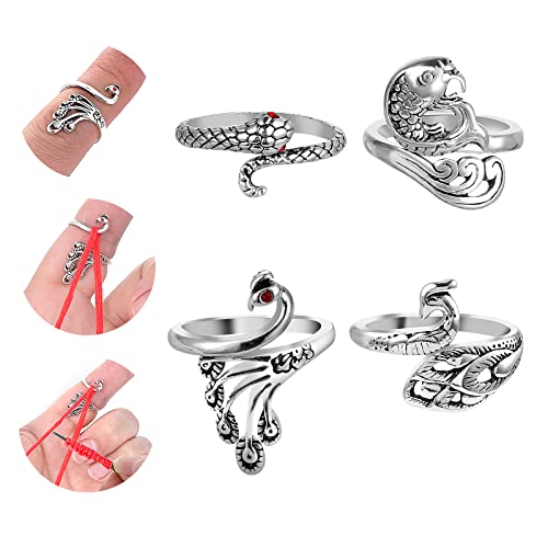 Sibba Metall Häkelring 4 Stück Verstellbare Haken Strick Häkelschlaufe Zubehör Crochet Strickfingerhut Fadenführer Ring Fingerhalter DIY Strickhandwerk Garnführung Handweberei Hakenlinie Pfauenstil von Sibba