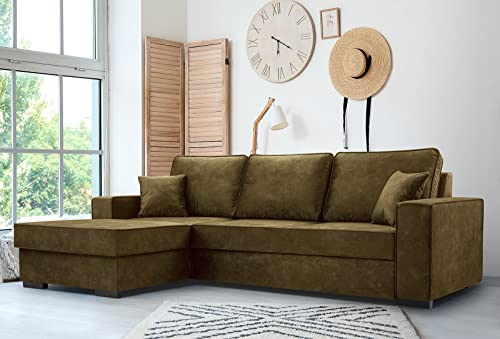 Ecksofa mit Schlaffunktion 90x265x165 cm - Lana - Elegante Schlafcouch mit Bettkassen - Große Couch L Form für Wohnzimmer - Komfortables Schlafsofa - Eckcouch 4 Sitzer Grün Linke Seite von Siblo