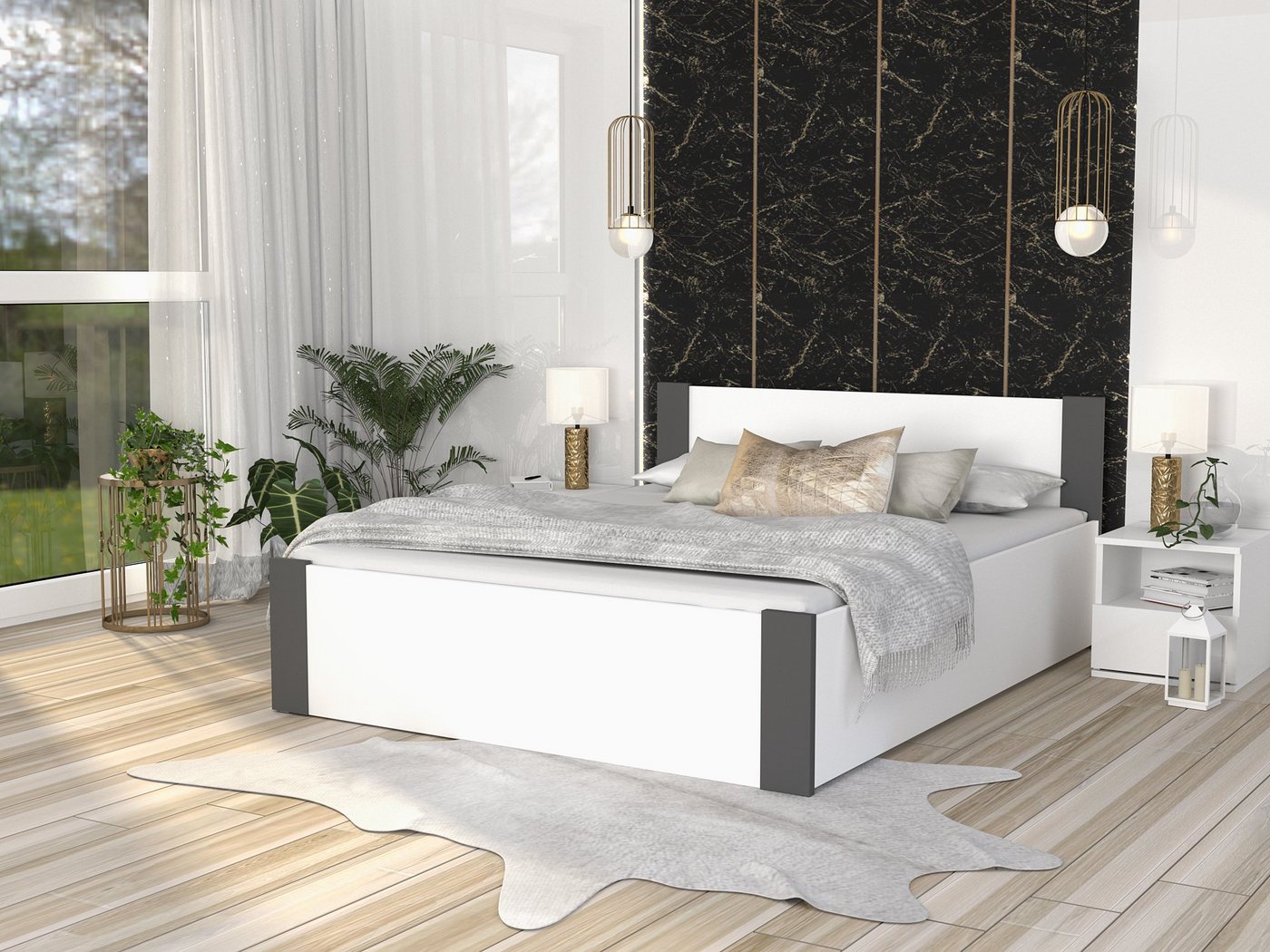 Siblo Bett Bergamo (Metallrahmen mit Holzlatten, Holzrahmen, Bettzeugbehälter), Möbelplatte von Siblo