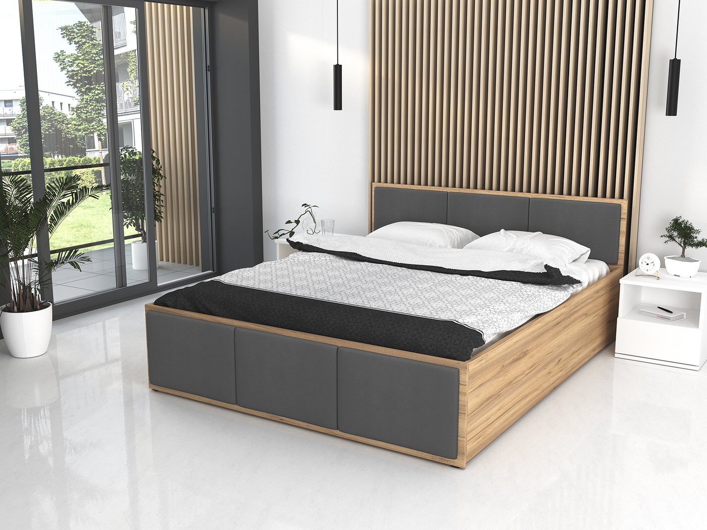 Siblo Bett Milano (Holzrahmen mit Holzlatten, Bettzeugbehälter), Möbelplatte von Siblo