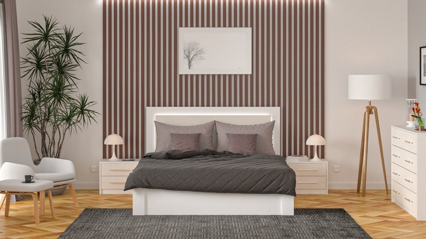 Siblo Bett Modernes Doppelbett Aurora 200x160 cm mit Schublade und hohem Kopfteil - LED-Panels - Doppelbetten - Holzrahmen -, Möbelplatte von Siblo