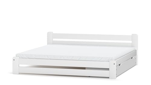 Siblo Bettgestell 200x80 cm - Alan Kollektion - Doppelbett aus Massivholz - Holz Bett mit Lattenrost - Bett mit Schublade - Weiß von Siblo
