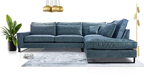 Siblo Ecksofa mit Kissen 90x310x224 cm CORBLACK Kollektion - Elegante Polstersofa - Große Couch L Form für Wohnzimmer - Freistehendes L-Sofa - Eckcouch 4 Sitzer - Blau - Rechte Seite von Siblo