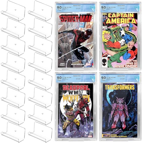 16 transparente schwebende Comicbuch-Ausstellungsregale, durchsichtige, schwebende Regale zum Präsentieren von Comicbüchern mit Erweiterungsschrauben, Comic-Buch-Regal, Ständer, Wandhalterung, von Sibosen