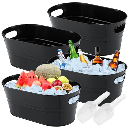 4 Stück Getränkewanne Getränkekühler mit Henkel Rund Zinkwanne mit Schaufeln Champagnerschale Sektkühler, Flaschenkühler, Kühlwanne, Eiskübel, Eiseimer für Garten-Party Schwarz von Sibosen