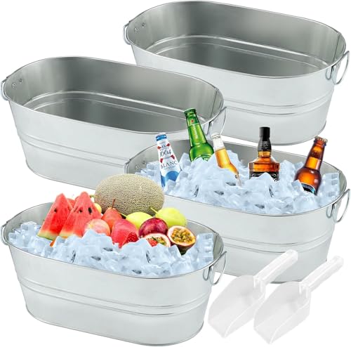 4 Stück Getränkewanne Getränkekühler mit Henkel Rund Zinkwanne mit Schaufeln Champagnerschale Sektkühler, Flaschenkühler, Kühlwanne, Eiskübel, Eiseimer für Garten-Party von Sibosen