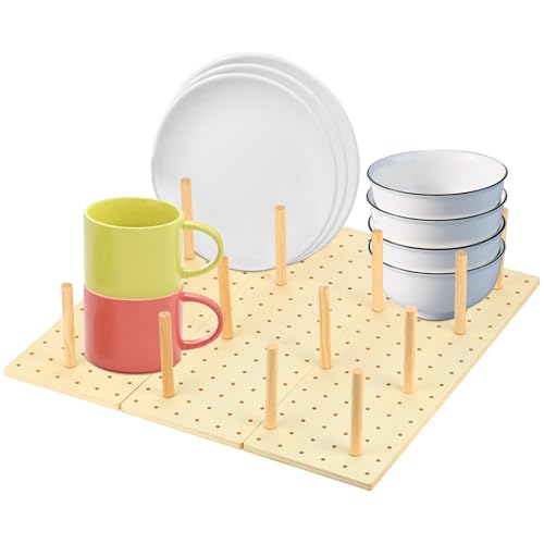 Stecktafel Schublade Organiser, 3 Stück Holz Peg Board System mit 34 Holzstab, Einstellbare Holz Teller Organizer Tablett, Schublade Organizer für Geschirr, Küche Stecktafel für Lebensmittelbehälter von Sibosen