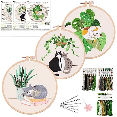 3 Sets Anfänger Stickerei Set, Katzenmuster Kreuzstich-Kit Starter Kit mit 1 Stück Kunststoff-Stickrahmen, Farbfäden und Werkzeuge, für DIY Kunst, Handwerk Nähen (Katze) von SicaHomy