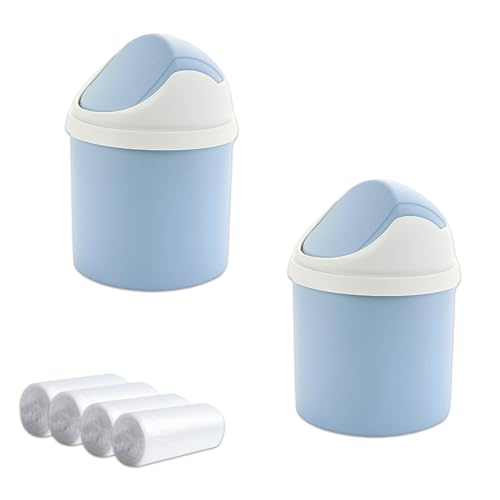 Sicheii 2 Stück Tischmülleimer mit Deckel & 4 Rollen Müllsäcke, Desktop Mülleimer Niedlich, Schreibtisch Mülleimer Mini, Kleine Kosmetikeimer für Tischplatte, Eitelkeit, Heim, Büro, Auto, Blau von Sicheii