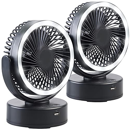 Sichler Haushaltsgeräte Ventilator zum Aufhängen: 2er Pack 3in1-Akku-Camping-Ventilator, LED, USB-Powerbank, Ø 16cm (Ventilator Kfz, Lüfter Akku, Tischleuchte Batterie) von Sichler Haushaltsgeräte