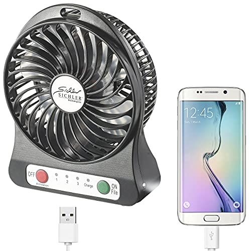 Sichler Haushaltsgeräte Ventilator mit Batterie: 3in1-Akku-Tisch-Ventilator mit Powerbank-Funktion & Leuchte, 1.800 mAh (Batteriebetriebener Ventilator, Tischventilator Akku) von Sichler Haushaltsgeräte