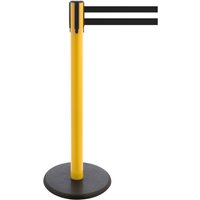 RS-GUIDESYSTEMS® Gurt-Absperrpfosten, Bodenteller aus Guss, Gurtbreite 100 mm, gelb, schwarz / weiß horizontal gestreift, 2,3 m von RS-GUIDESYSTEMS®