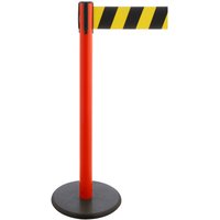 RS-GUIDESYSTEMS® Gurt-Absperrpfosten, Bodenteller aus Guss, Gurtbreite 100 mm, rot, schwarz / gelb diagonal gestreift, 2,3 m von RS-GUIDESYSTEMS®