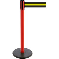 RS-GUIDESYSTEMS® Gurt-Absperrpfosten, Bodenteller aus Guss, Gurtbreite 100 mm, rot, schwarz / gelb horizontal gestreift, 3,8 m von RS-GUIDESYSTEMS®