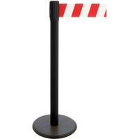 RS-GUIDESYSTEMS® Gurt-Absperrpfosten, Bodenteller aus Guss, Gurtbreite 100 mm, schwarz, rot / weiß diagonal gestreift, 3,8 m von RS-GUIDESYSTEMS®
