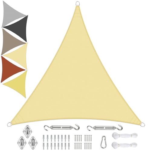 Sonnensegel Wasserdicht Dreieckigig 5x5x5m aus PES-Polyester 95% UV-Schutz Witterungsbeständig Reißfest Viele Größen und Farben mit Befestigungsset für Terrasse Garten, Beige von Sichtschutz