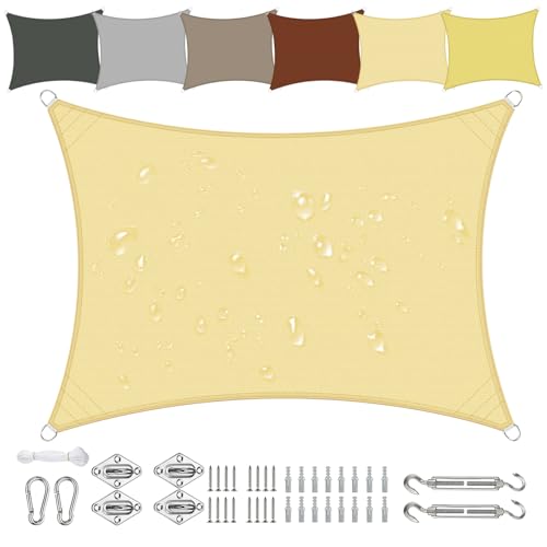 Sonnensegel Wasserdicht Rechteckig 4x5m aus PES-Polyester 95% UV-Schutz Witterungsbeständig Reißfest in Vielen Größen und Farben mit Befestigungsset für Terrasse Garten Balkon-Beige von Sichtschutz