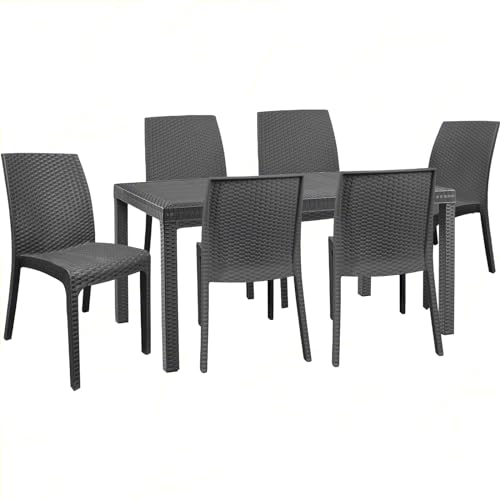 Sicignano | Set mit 6 Stühlen mit rechteckigem Tisch aus Rattan, 150 x 90 cm, komplett dunkel – stapelbar, UV-beständig, rutschfest, Möbel für Innen- und Außenbereiche, Bar, Garten, Terrasse, von Sicignano Casalinghi Ingrosso Casalinghi Arredo Giardino Hotellerie