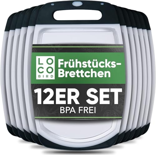 Loco Bird 12er Set Frühstücksbrettchen aus BPA freien Kunstoff - 22x14cm - Spülmaschinenfest - Schneidebretter mit rutschfesten Griff - Brettchen - Antibakterielles Frühstücksbrett von Sidorenko