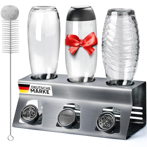 Loco Bird Flaschenhalter für SodaStream aus Edelstahl - Abtropfhalter für Soda Stream Crystal, Easy, Fuse, Emil Flaschen - Abtropfgestell für 3 Flaschen mit Flaschenbürste und Abtropfmatte von Sidorenko