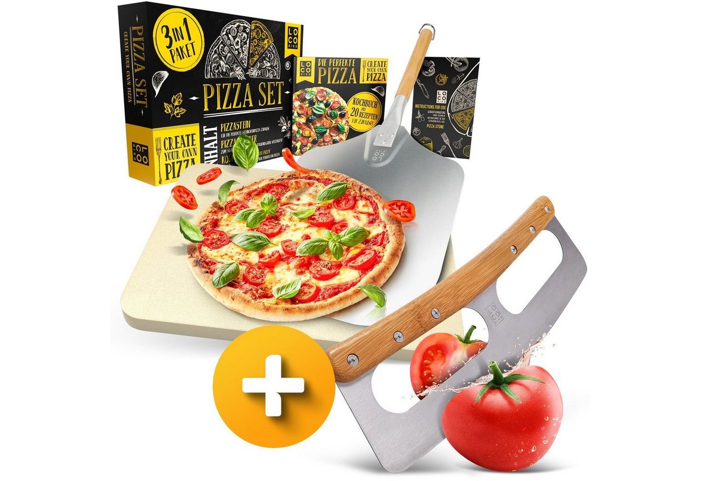 Sidorenko Pizzastein Backstein für Backofen & Gasgrill inkl. Pizzasschieber und Pizzamesser- 4er Set - Pizzastein rechteckig aus Cordierit für knusprigen Pizzaboden wie vom Italiener, Pizzaschieber, Rezeptbuch und Pizzamesser, (4-St) von Sidorenko