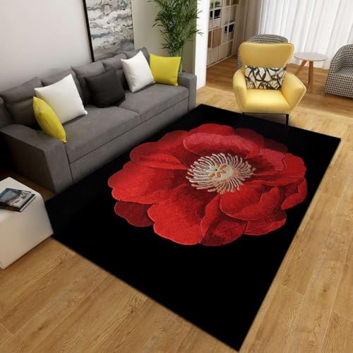 Siebe Carpet 120X180Cm Rote Blumen Moderne Flauschige Teppich,Schlafzimmer Wohnzimmer,rutschfeste Teppiche,Waschbarer,Groß Weiche Teppich,Teppich Schlafzimmer von Siebe