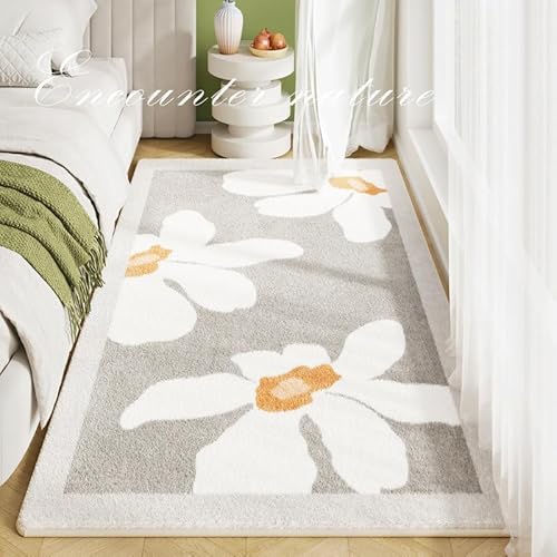 Siebe Teppich Schlafzimmer 60X160Cm Weiße Blumen Moderne Flauschige Teppich,Schlafzimmer Wohnzimmer,rutschfeste Teppiche,Waschbarer,Groß Weiche Teppich,Teppich Schlafzimmer von Siebe