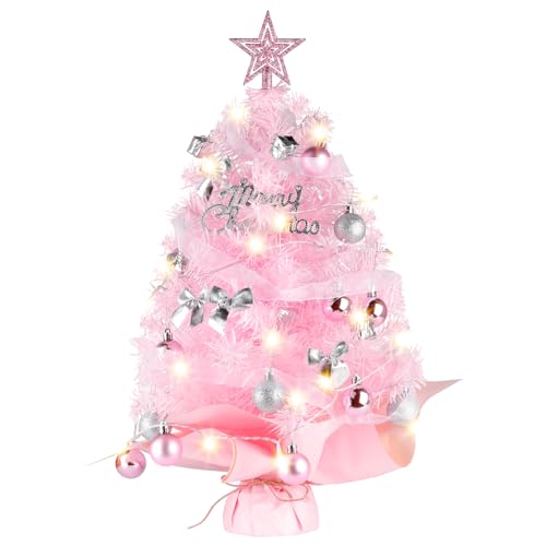 Mini Weihnachtsbaum Rosa 60cm, Siebwin Künstlicher Weihnachtsbaum Klein Mit Beleuchtung und Baumwipfel-Stern Weihnachten Dekoration für Home Office Shop Desktop von Siebwin