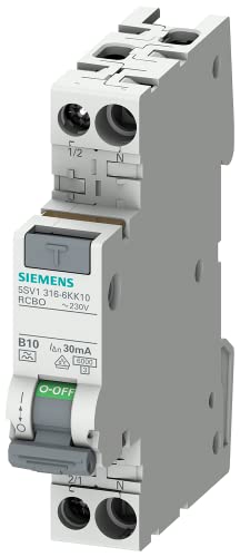 Siemens 5SV13166KK10 FI/LS kompakt RCBO 1P+N 6kA TypA 30mA B10 230V, Fehlerstrom- und Überlastschutz in 1TE (50% Platzersparnis) von Siemens