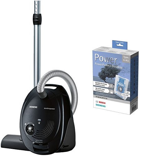 Siemens Bodenstaubsauger synchropower EEK B (mit Beutel, highPower-Motor, PowerProtect System, Hartbodendüse), 700 W, schwarz + Staubsaugerbeutel PowerProtect (Type G All, außer VS01) von SIEMENS