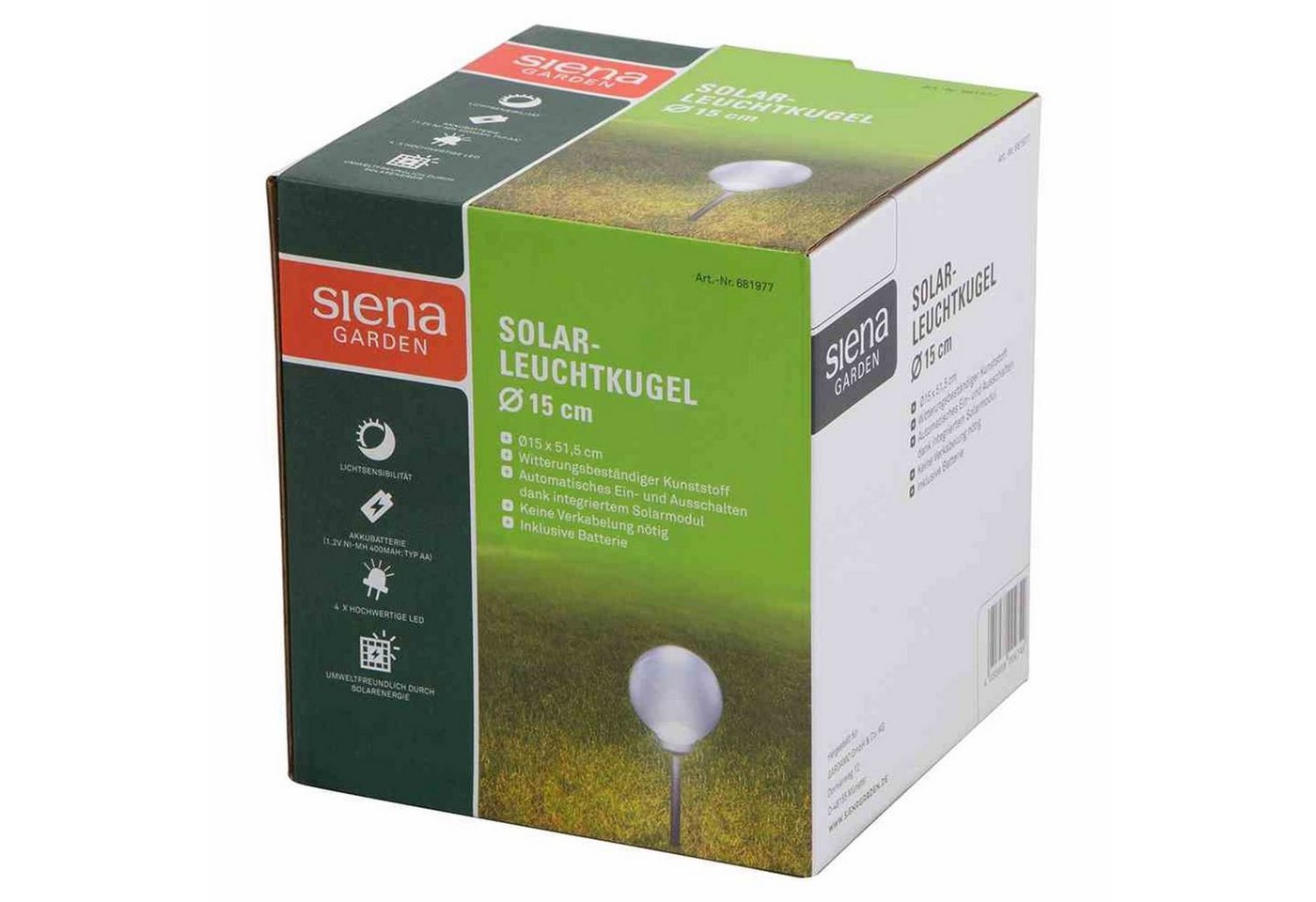 Siena Garden Gartenleuchte Solar-Leuchtkugel Ø 15 cm, Kunststoff 4 LED, Ø 15 x 51,5 cm, kartonver von Siena Garden